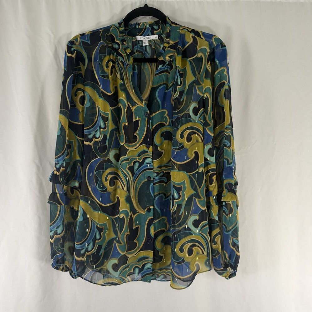 Chico's Blouse Women's 2 12 Green Yellow Sheer Vneck Lightweight Button Up